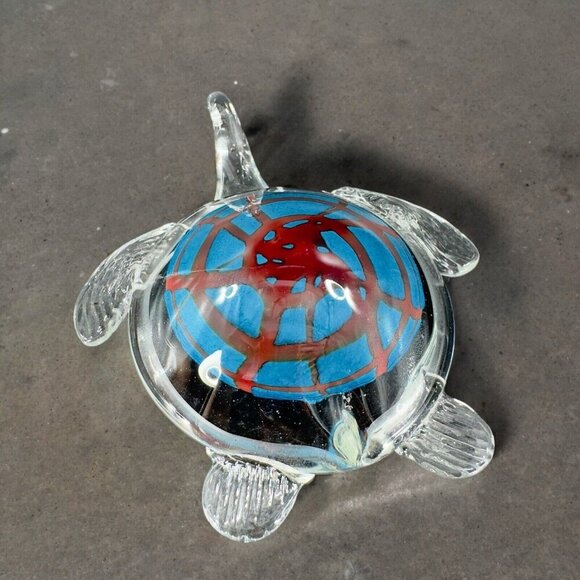 Art Glass Turtle Glass Paperweight Figurine Clear Edges Blue Red Center Glass - Picture 2 of 16